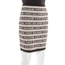Pre Owned Balmain Beige and Black Jacquard Logo Knit Striped Bodycon Skirt M