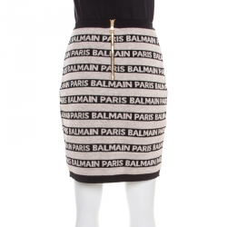 Pre Owned Balmain Beige and Black Jacquard Logo Knit Striped Bodycon Skirt M
