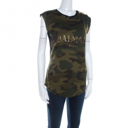 Pre Owned Balmain Khaki Green Camouflage Print Cotton Sleeveless Top M