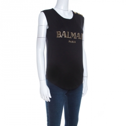 Pre Owned Balmain Black Cotton Shoulder Logo Button Detail Sleeveless T-Shirt S