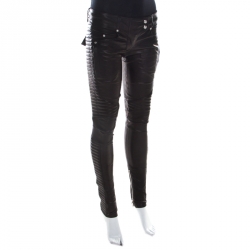 Pre Owned Balmain Black Stretch Leather Quilted Slim Fit Pants S