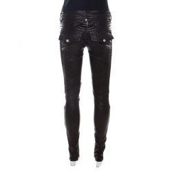 Pre Owned Balmain Black Stretch Leather Quilted Slim Fit Pants S