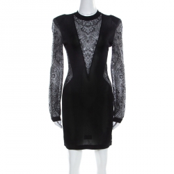 Pre Owned Balmain Black Sheer Lace Paneled Mini Bodycon Dress M