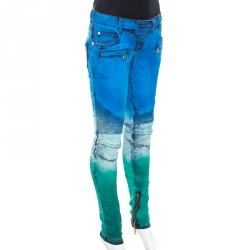 Pre Owned Balmain Multicolor Tie Dye Denim Zip Detail Biker Jeans M