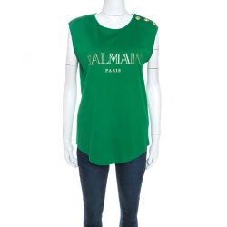 Pre Owned Balmain Green Cotton Shoulder Logo Button Detail Sleeveless T-Shirt M