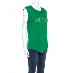 Pre Owned Balmain Green Cotton Shoulder Logo Button Detail Sleeveless T-Shirt M