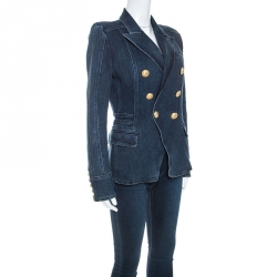 Pre Owned Balmain Blue Denim Double Breasted Blazer M