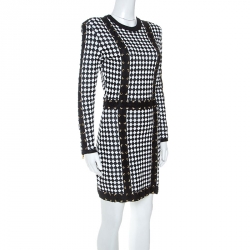 Pre Owned Balmain Monochrome Checkered Knot Lace Up Detail Short Dress M