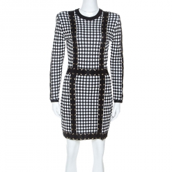 Pre Owned Balmain Monochrome Checkered Knot Lace Up Detail Short Dress M