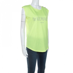Pre Owned Balmain Neon Yellow Logo Print Cotton Sleeveless T-Shirt M