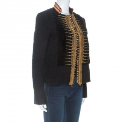Pre Owned Balmain Black Knit Metal Embellished Detail Military Jacket L