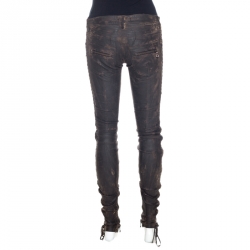 Balmain Brown Distressed Leather Side Lace Up Pants S
