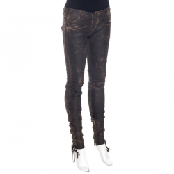 Balmain Brown Distressed Leather Side Lace Up Pants S