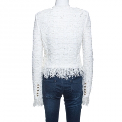 Pre Owned Balmain White Tweed Fringed Detail Jacket M