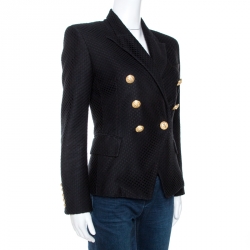 Pre Owned Balmain Black Eyelet Lace Double Breasted Blazer M
