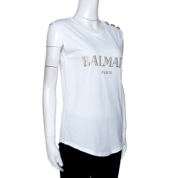 Pre Owned Balmain White Cotton Shoulder Logo Button Detail Sleeveless T-Shirt S