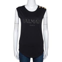 Pre Owned Balmain Black Cotton Shoulder Logo Button Detail Sleeveless T-Shirt S
