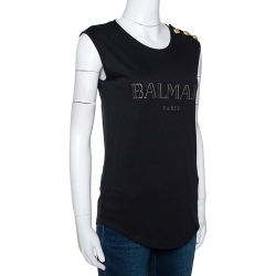 Pre Owned Balmain Black Cotton Shoulder Logo Button Detail Sleeveless T-Shirt S