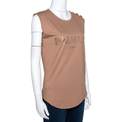 Pre Owned Balmain Beige Logo Printed Cotton Button Embellished Sleeveless T-Shirt S