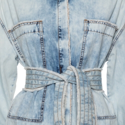 Pre Owned Balmain Blue Washed Out Effect Denim Frayed Detail Belted Lightweight Jacket M