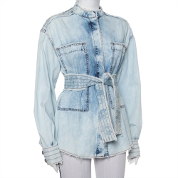 Pre Owned Balmain Blue Washed Out Effect Denim Frayed Detail Belted Lightweight Jacket M