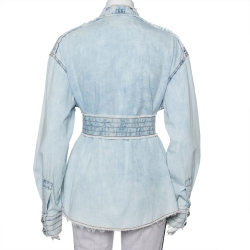 Pre Owned Balmain Blue Washed Out Effect Denim Frayed Detail Belted Lightweight Jacket M