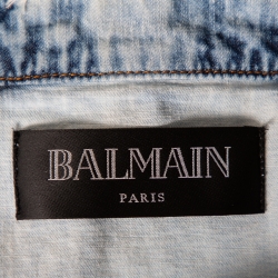 Pre Owned Balmain Blue Washed Out Effect Denim Frayed Detail Belted Lightweight Jacket M
