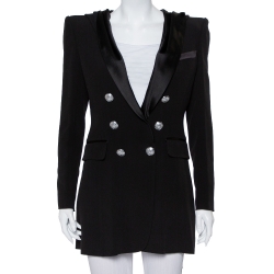Pre Owned Balmain Black Crepe Double Breasted Hooded Mini Dress M