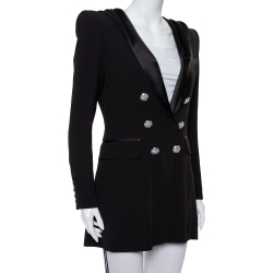 Pre Owned Balmain Black Crepe Double Breasted Hooded Mini Dress M