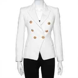 Pre Owned Balmain White Tweed Double Breasted Blazer S