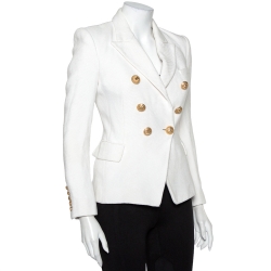 Pre Owned Balmain White Tweed Double Breasted Blazer S