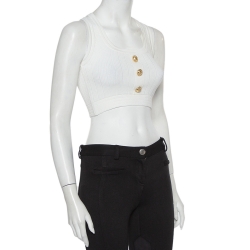 Balmain White Rib Knit Button Embellished Sleeveless Crop Top S