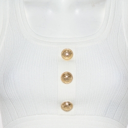 Balmain White Rib Knit Button Embellished Sleeveless Crop Top S