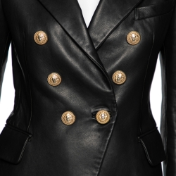 Pre Owned Balmain Black Leather Double Breasted Blazer M