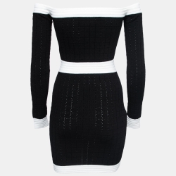 Pre Owned Balmain Black Stretch Knit Contrast Trim Off-Shoulder Mini Dress S