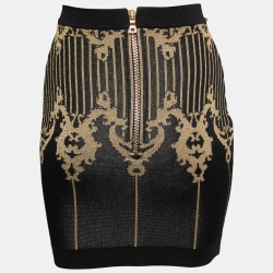 Pre Owned Balmain Black & Gold Baroque Patterned Lurex Knit Mini Skirt S