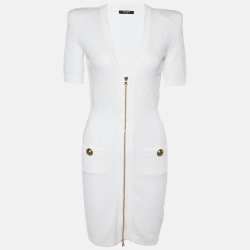 Pre Owned Balmain White Jacquard Knit Zip Front Short Dress S