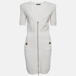 Pre Owned Balmain White Patterned Knit Zip Front Short Dress M