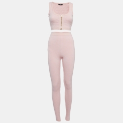Balmain Pink Embossed Wool Blend Active Wear Set S