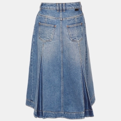 Pre Owned Balmain Blue Denim Pleated Midi Skirt S