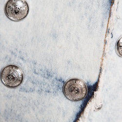 Pre Owned Balmain Blue Distressed Denim Buttoned Double Breasted Jacket L