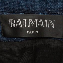 Pre Owned Balmain Blue Distressed Denim Buttoned Double Breasted Jacket L