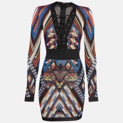 Balmain Multicolor Patterned Knit Lace-Up Mini Sheath Dress S  