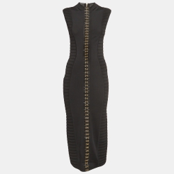 Pre Owned Balmain Black Stretch Knit Hook Detail Bodycon Midi Dress M
