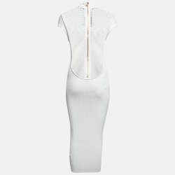 Pre Owned Balmain White Mesh Insert Rib Knit Cut-Out Midi Dress M