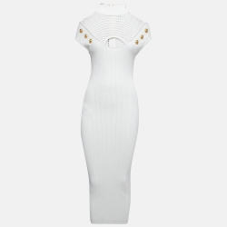 Pre Owned Balmain White Mesh Insert Rib Knit Cut-Out Midi Dress M
