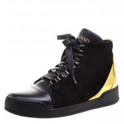 Pre Owned Balmain Gold Metallic Leather And Black Suede High Top Sneakers Size 37
