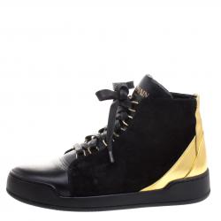 Pre Owned Balmain Gold Metallic Leather And Black Suede High Top Sneakers Size 37