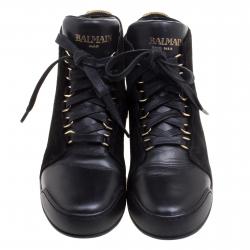 Pre Owned Balmain Gold Metallic Leather And Black Suede High Top Sneakers Size 37