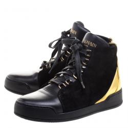 Pre Owned Balmain Gold Metallic Leather And Black Suede High Top Sneakers Size 37